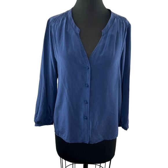 Amanda Uprichard Blue L Top Silk Notch Neck Button Front Long Sleeve Regular Fit - Picture 1 of 7